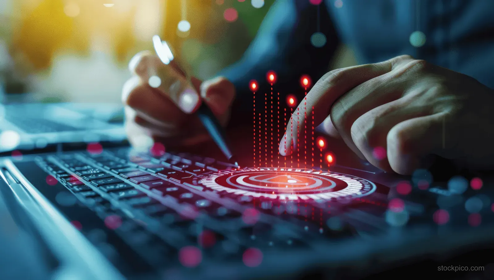 Hands use a computer console showing a glowing target analytics chart with stock-like data lights behind.