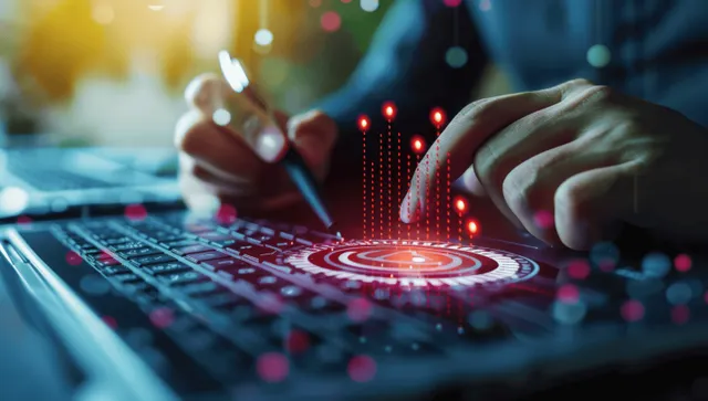 Hands use a computer console showing a glowing target analytics chart with stock-like data lights behind.