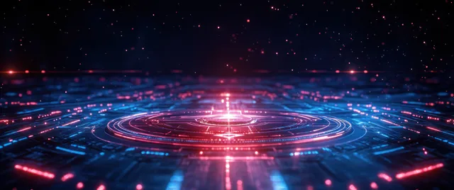 Luminous alliance symbols and compass motif on a table-like surface against a blue gradient background.