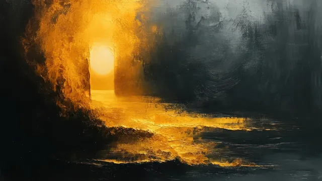 Gold and black textured abstract painting with a glowing light in a smoky, swirling background.