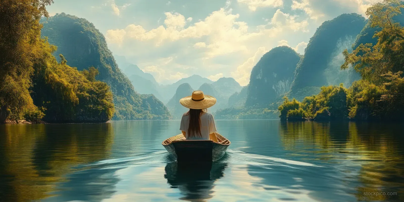 Young woman in a straw hat sits in a boat on calm lake waters with green mountains in the distance.