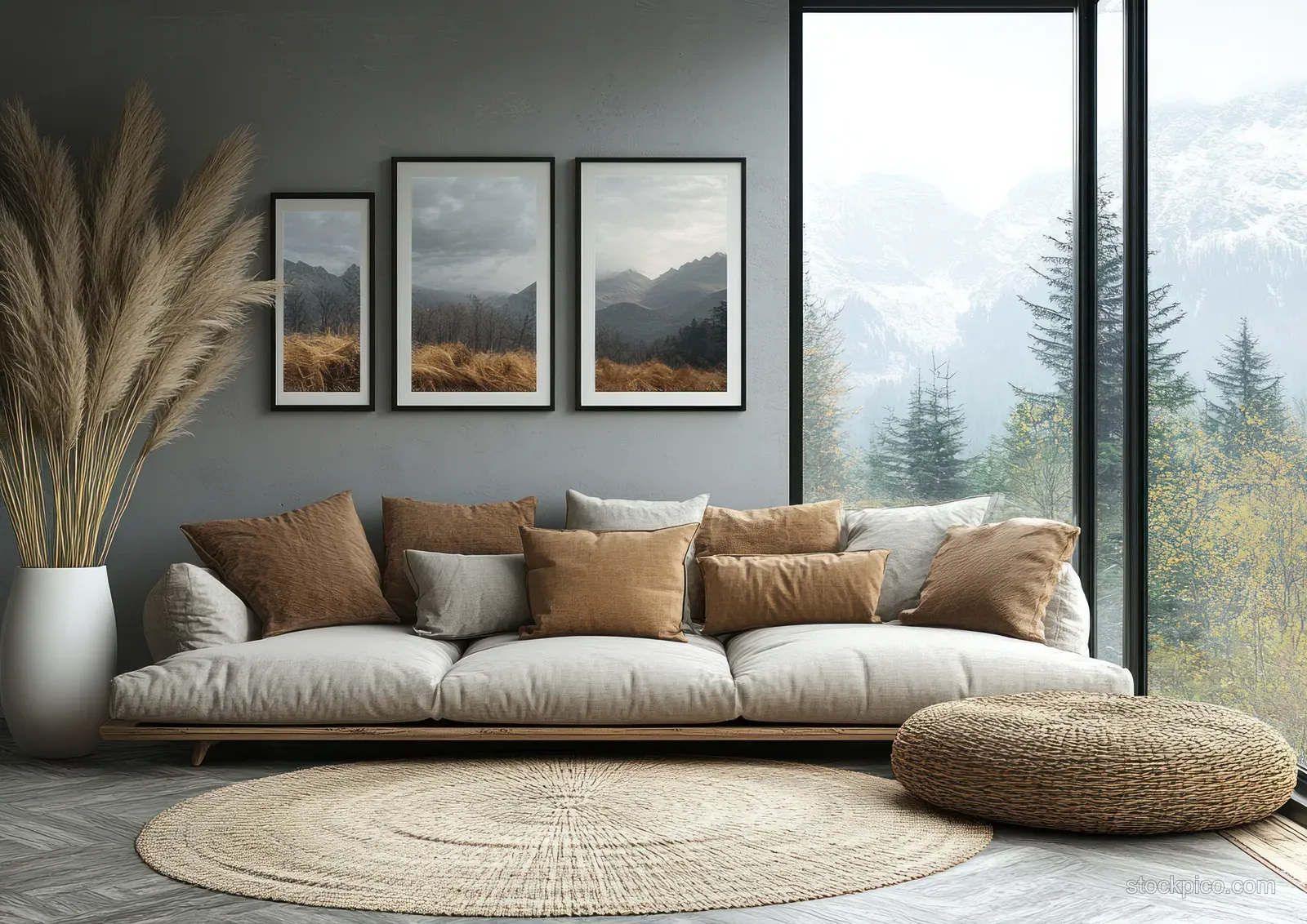 Scandinavian living room showing a light sofa, gray wall gallery of framed landscapes, and a large window with mountain scenery.