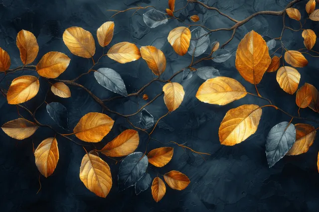 Golden and teal autumn leaves rest on thin branches over a textured blue background.