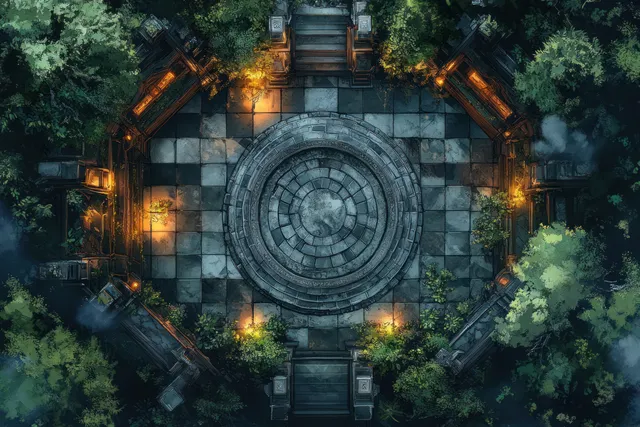 Top-down view of a torchlit ancient stone courtyard with a circular engraved arena surrounded by greenery.