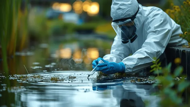Environmental engineer collects water sample at sewage treatment plant with gloved hands