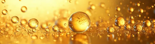 Golden droplets suspended in warm amber liquid with sparkling macro highlights.