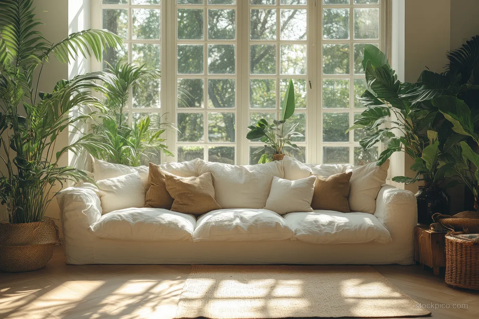 Mother and child adjusting an air conditioner remote on a sunlit living room sofa with potted plants nearby.