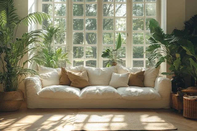 Family on living room sofa adjusting air conditioner remote beside bright floor plants