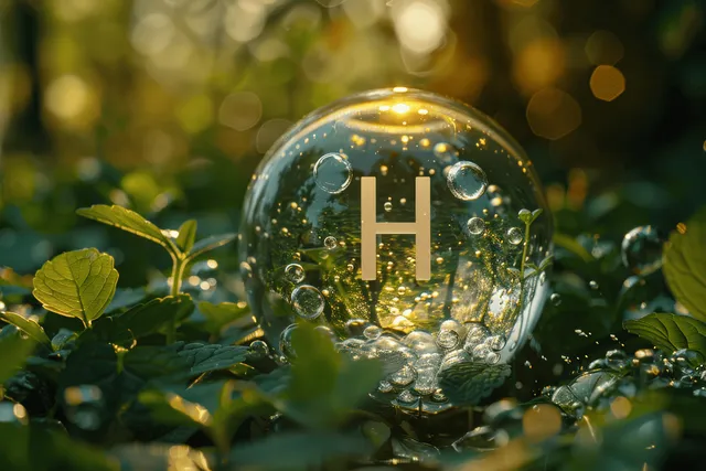 Hydrogen symbol inside a clear glass sphere with bubbles resting on green leaves in sunlight.