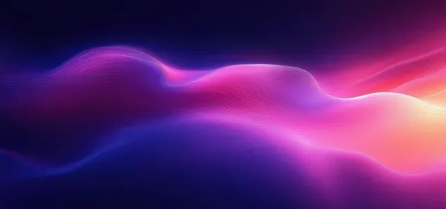 Purple and pink glowing wave shapes flow across a soft gradient abstract background with slight grain.