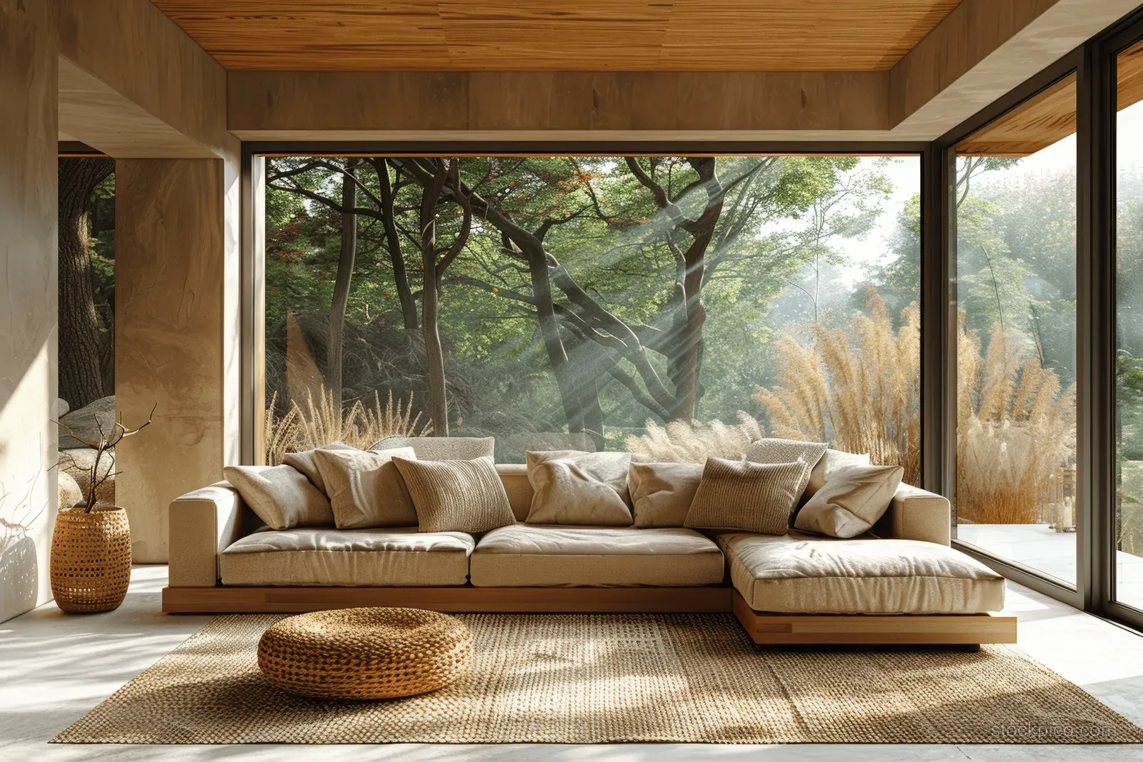 Beige minimalist living room with a wooden sectional sofa and large panoramic window showing a green forest.