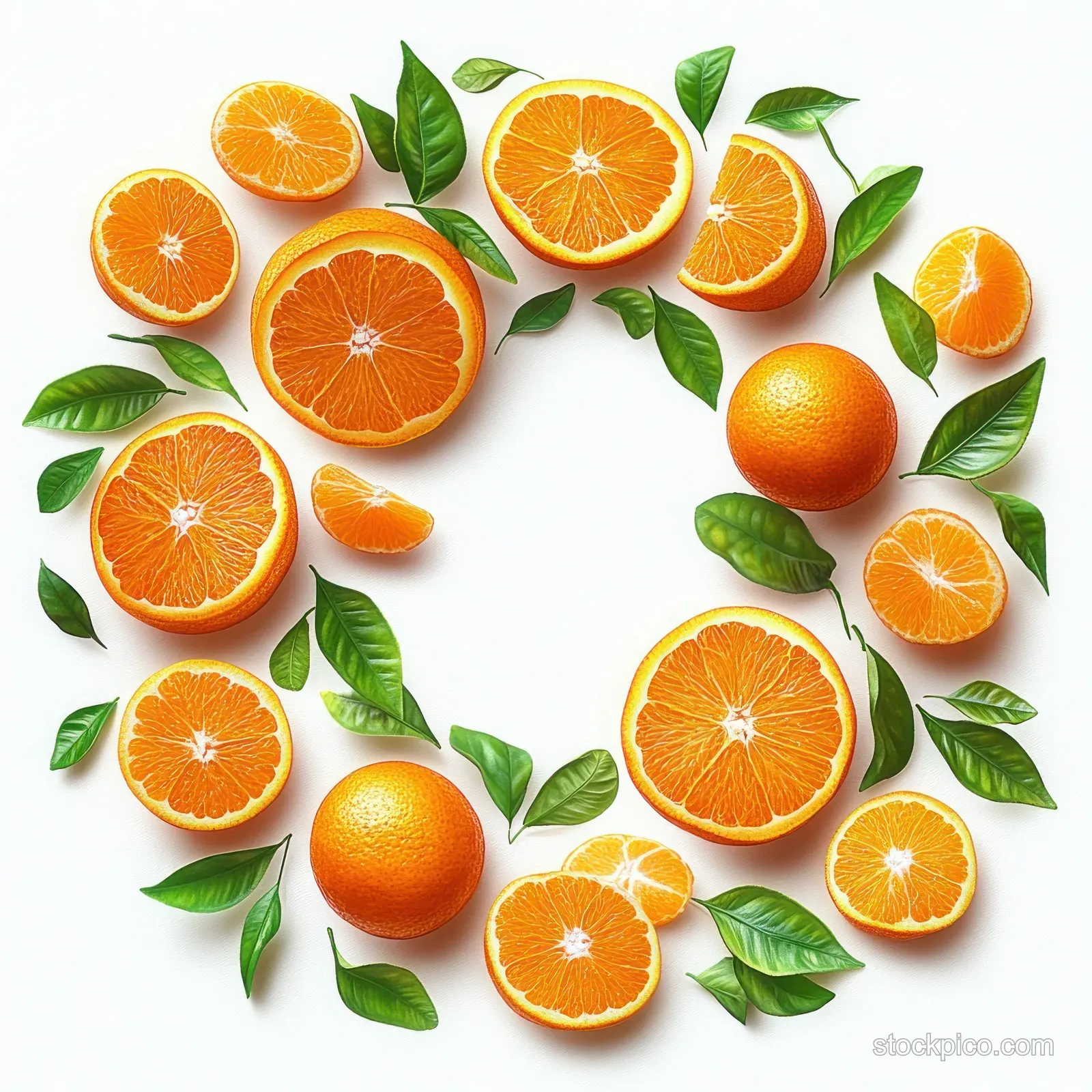 Whole and sliced oranges arranged in a circular wreath with green leaves on a white background.