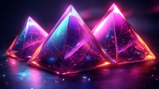 Three neon translucent pyramids with glowing particles emitting pink and blue light