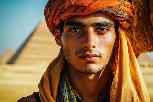 Young man in a colorful turban and shawl with the pyramids blurred behind him outdoors.