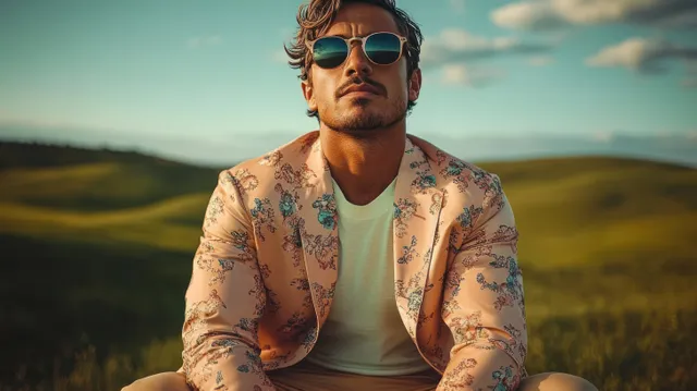 A man in sunglasses and a floral blazer sits in a grassy field during sunset under warm golden light.