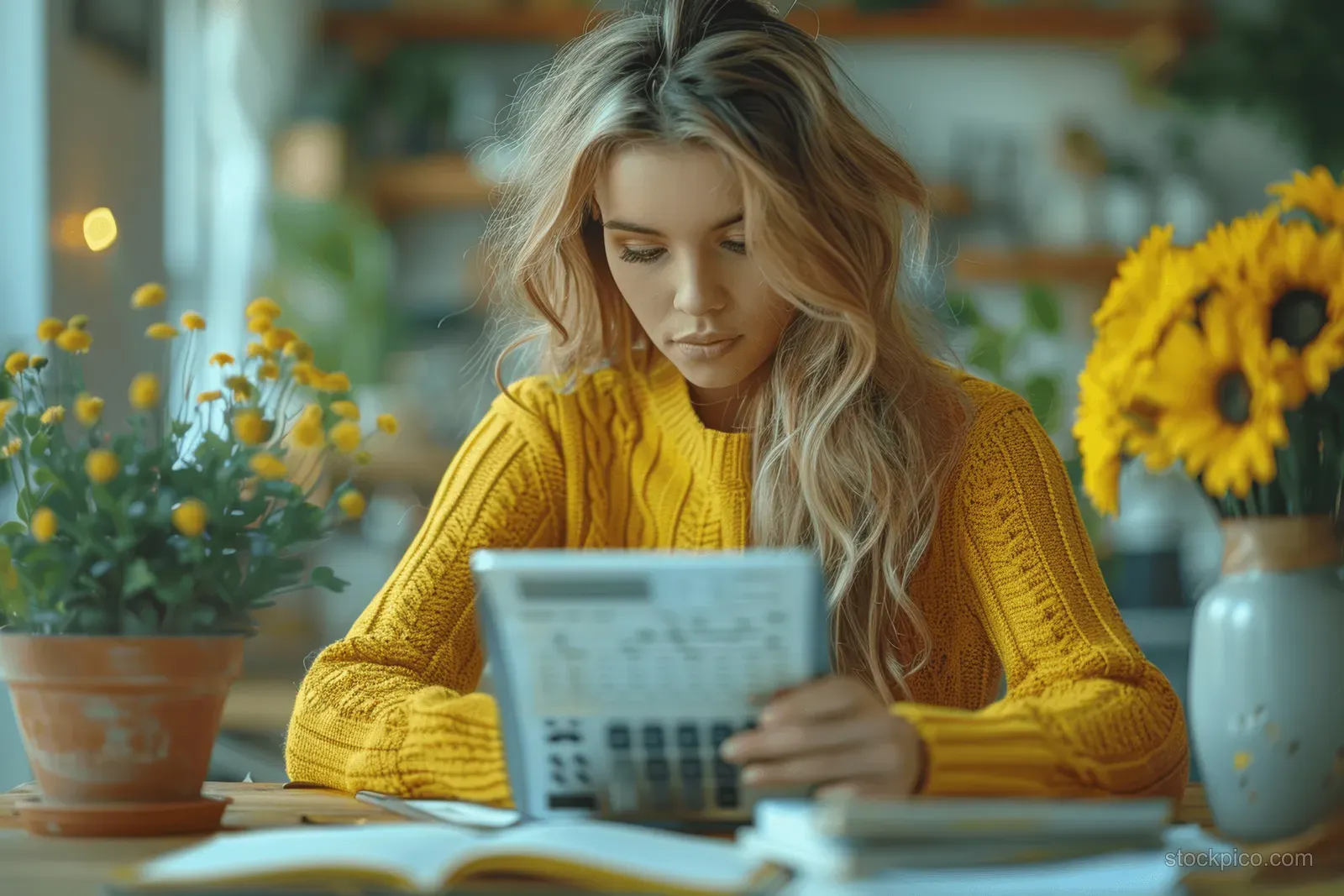 Woman in a yellow sweater calculates with a calculator while reviewing finance documents at a desk in an office.