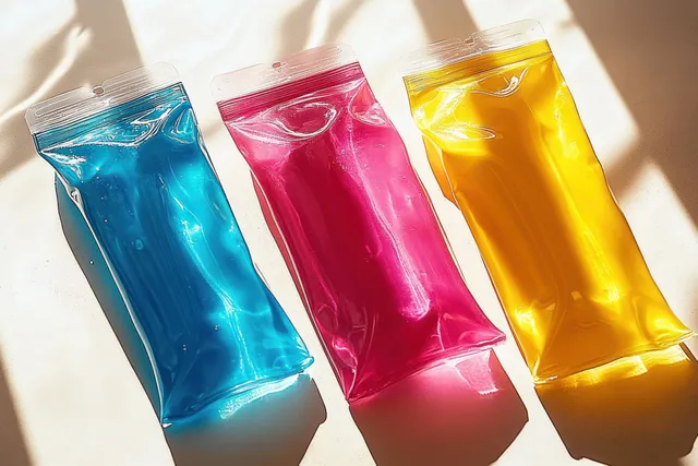 Three colorful translucent gel packs in blue, pink, and yellow rest on a light surface under sunlight.