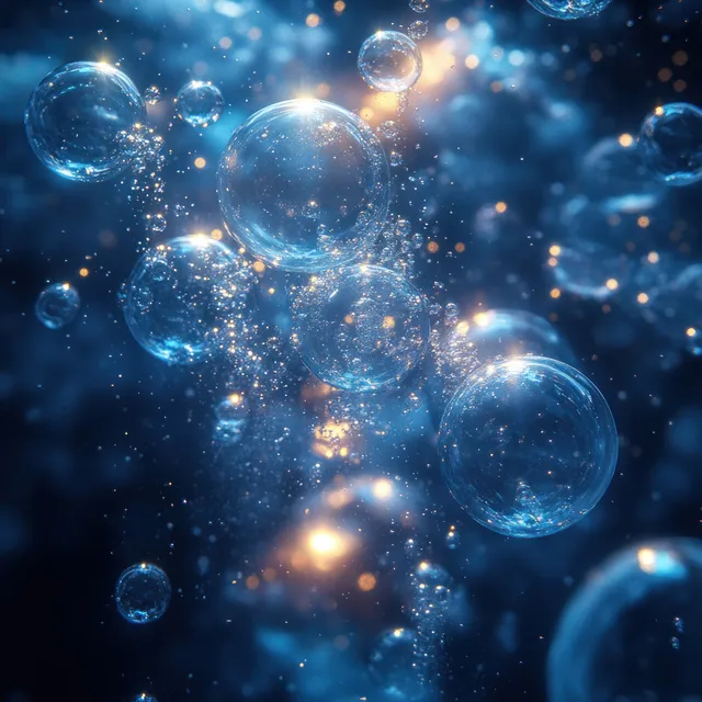 Glowing translucent spheres resembling hyaluronic acid float across a dark blue scientific background.
