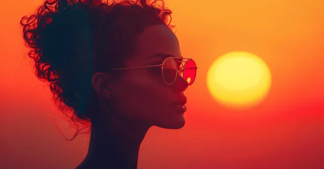 Silhouette woman wearing sunglasses facing an eclipse, vibrant orange-red celestial glow
