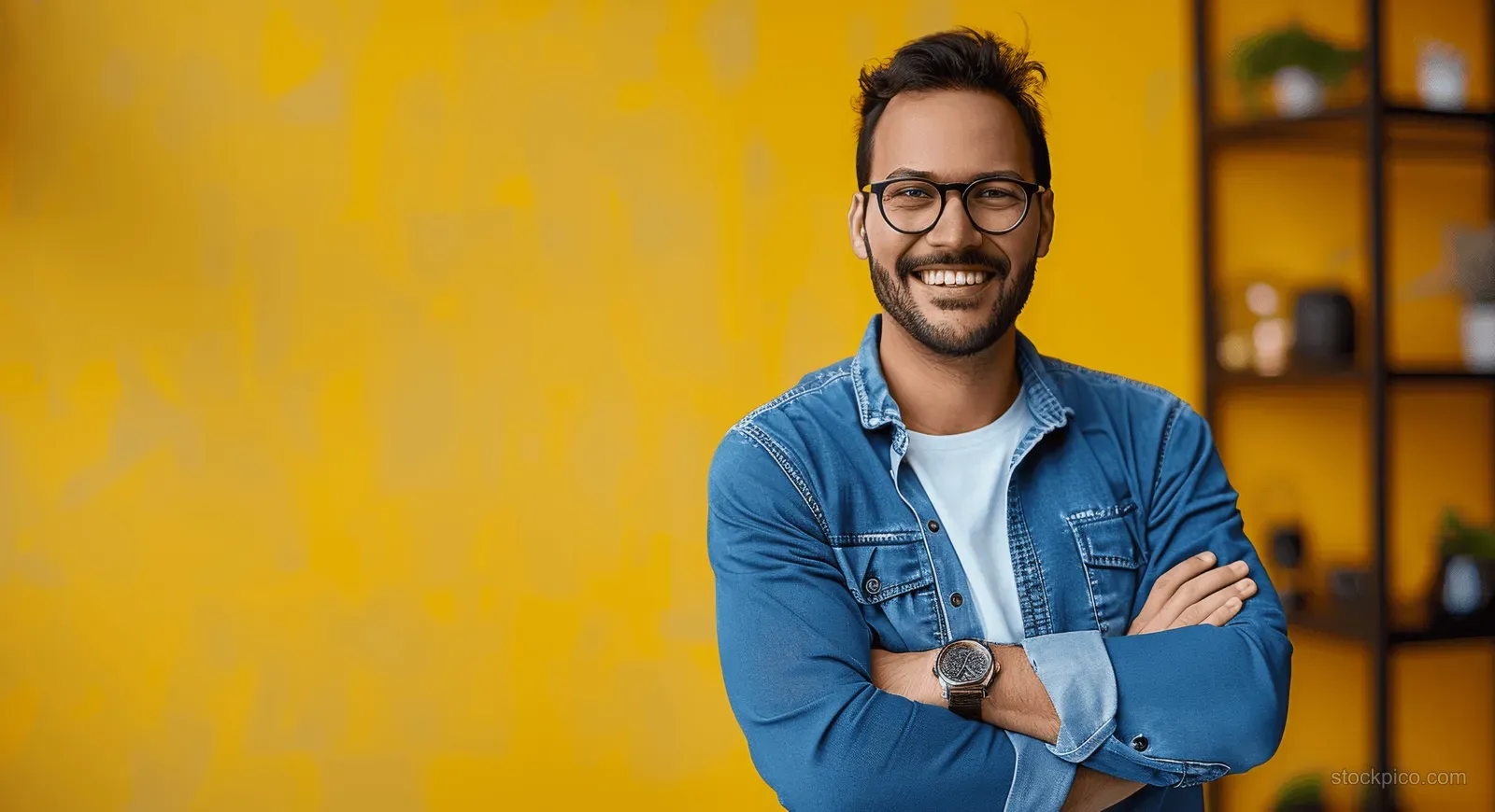 A man in a blue shirt with glasses smiles with arms crossed against a bright yellow background.