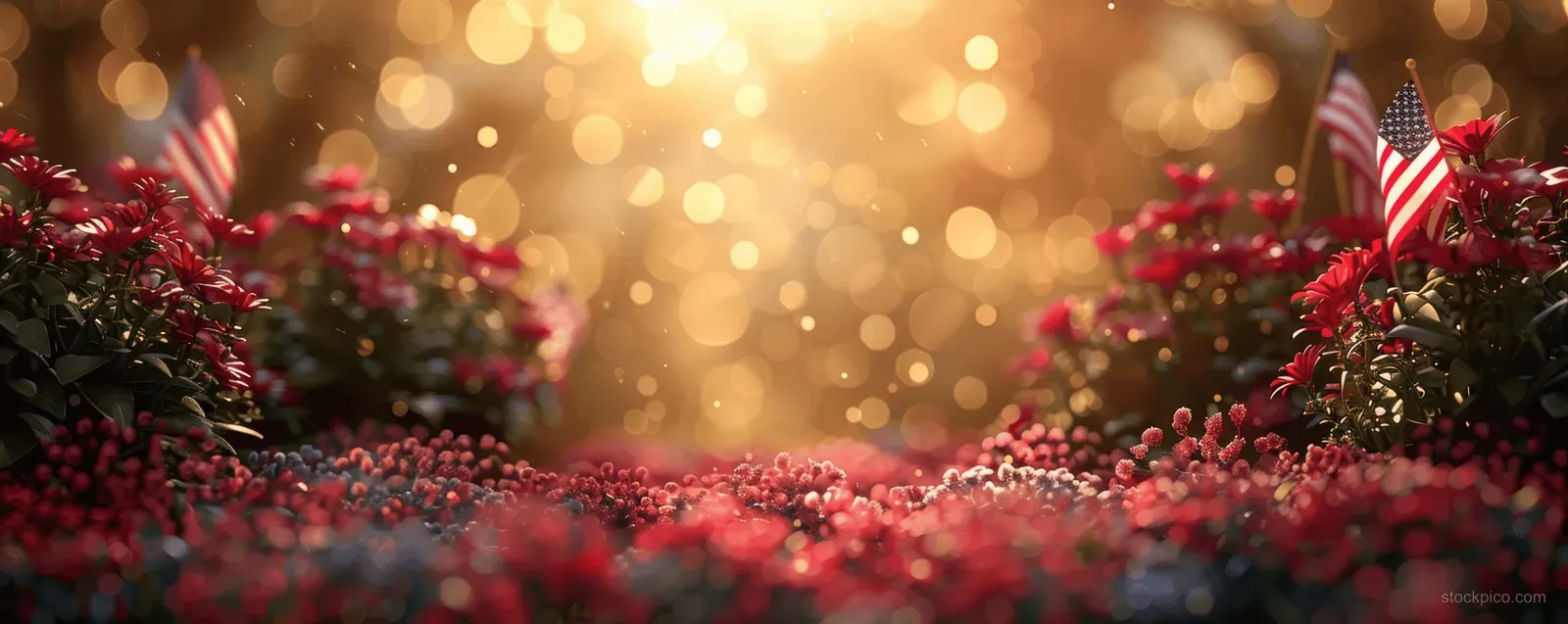 USA flag waving above red flowers with warm blurred bokeh lights in the background.