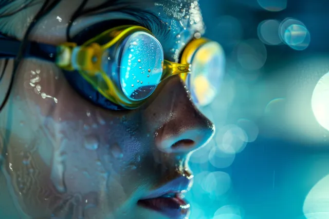 A focused swimmer wearing reflective goggles in a blue pool setting before a freestyle race.