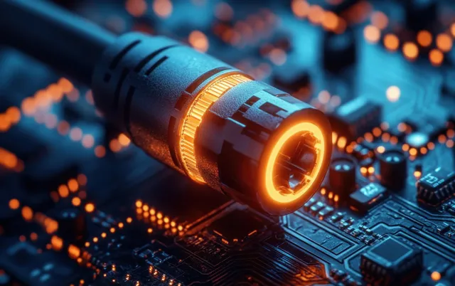 Glowing cable connector plugged into a circuit board with blue and orange light