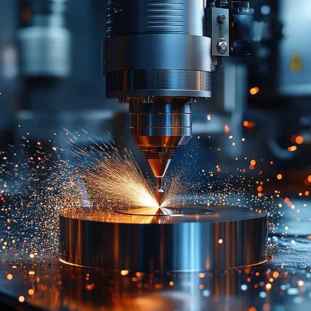 A CNC machine cuts a metal cylinder as bright sparks fly in an industrial workshop.