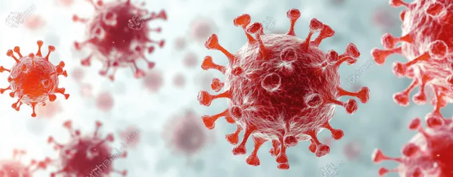 Red spiky coronavirus particles float on a smoky translucent red background.