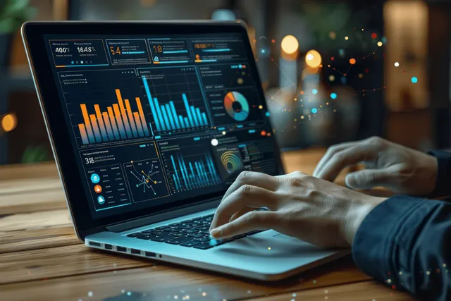 A businessman types on a laptop with a virtual dashboard showing growth charts, graphs, and performance metrics.