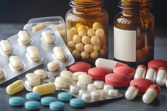 Colorful pills and capsules in blister packs beside amber medicine bottles on dark surface with Oral Dosage Forms