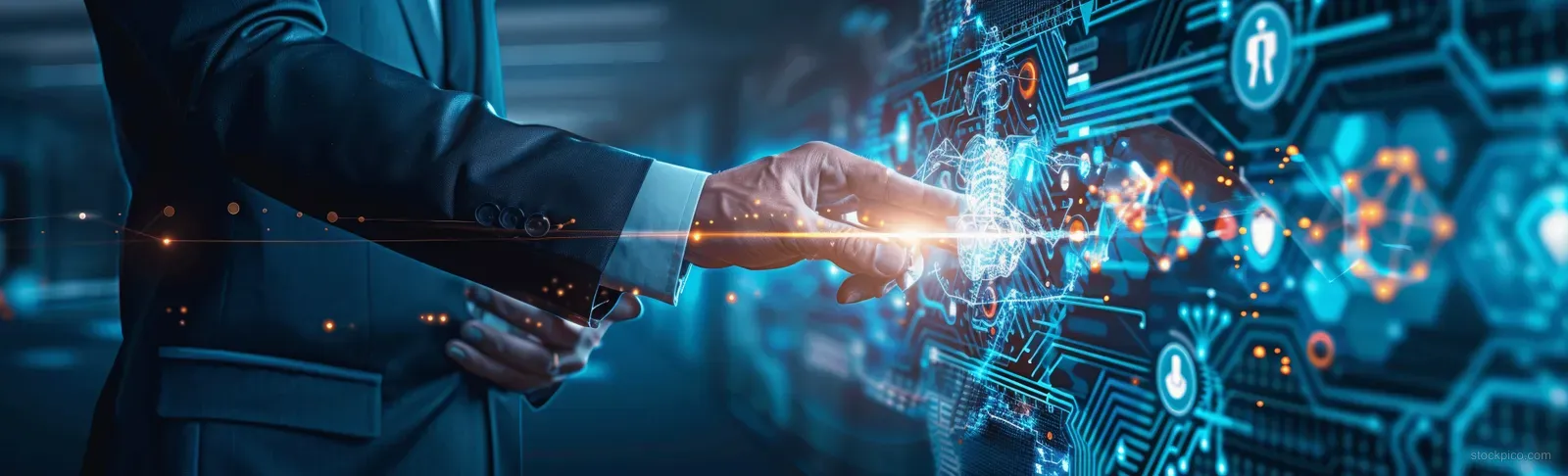 Gloved professional hand points at a holographic medical data dashboard with network icons and finance charts.