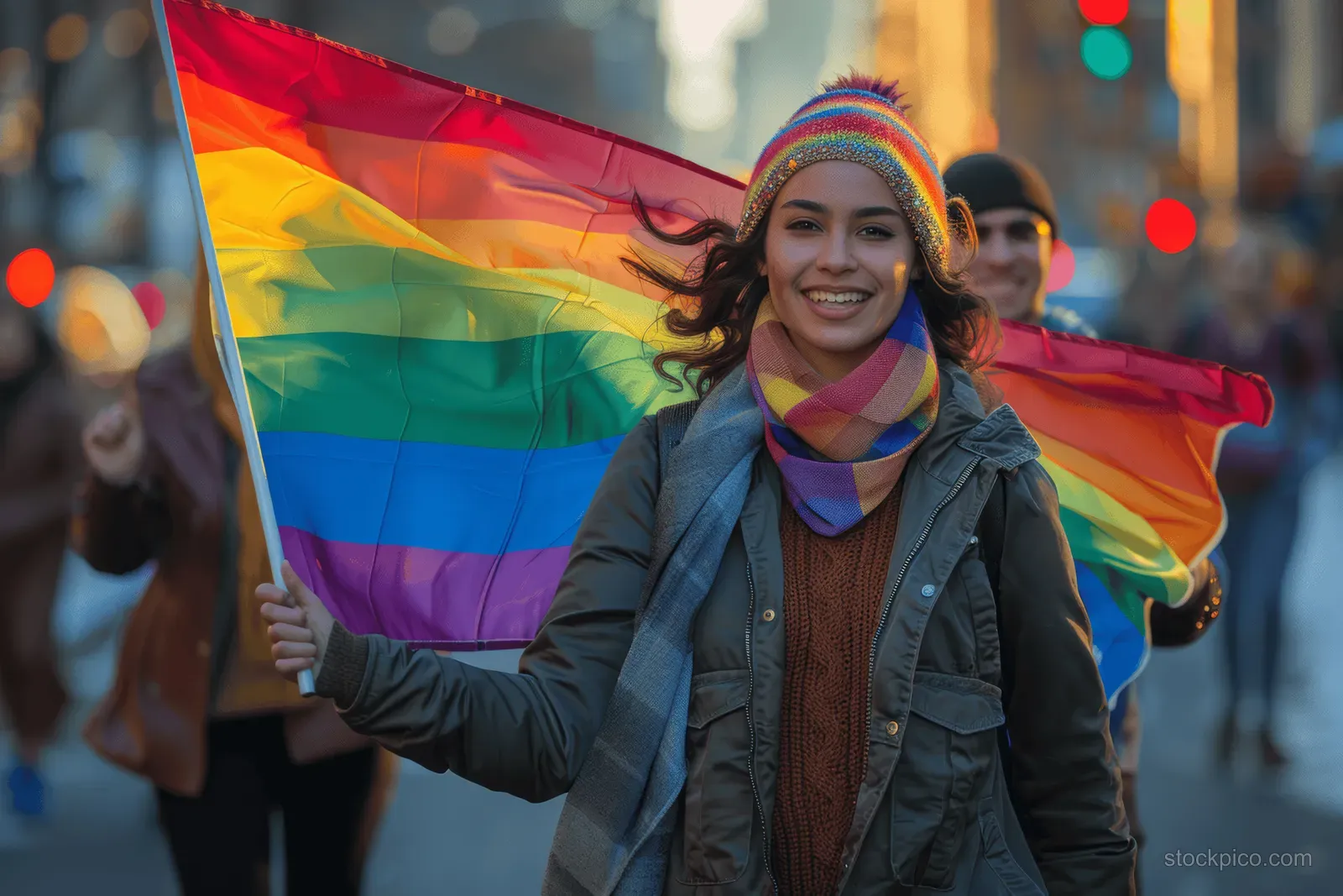 A person holds a rainbow Pride flag on a busy city street with colorful lights in the background.