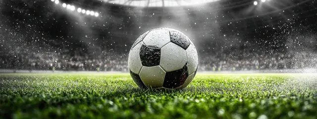 Wet soccer ball resting on bright green grass with stadium lights and flying droplets