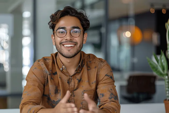 Smiling Latin man with glasses speaking during a video interview in a modern office