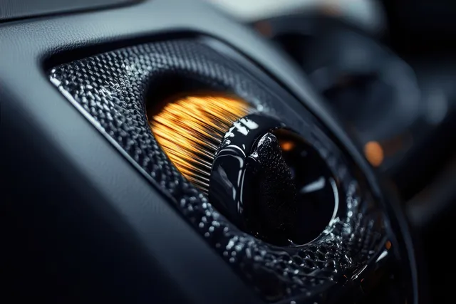 A car air vent glows with warm orange light against a dark, textured dashboard panel.