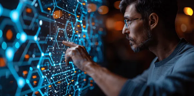 A businessman points at a glowing virtual hexagon interface with connected analytics icons and graph overlays.