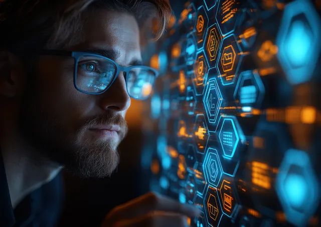 A man wearing glasses studies glowing circuit code screens in a dark server room.