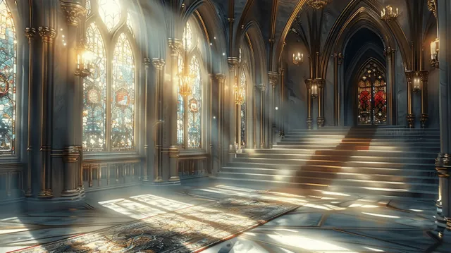 Fantasy Gothic cathedral interior lit by stained glass sunbeams across a marble floor and staircase.