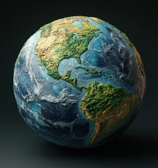 Hyper-realistic Earth globe with oceans and continents illuminated by sunlight against a dark background.