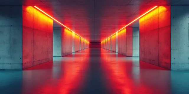 Empty concrete corridor with fluorescent light strips and red glow reflecting on a rough floor.