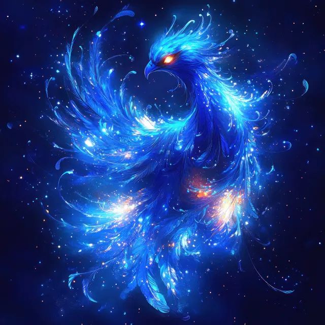 A glowing blue phoenix with fiery eyes spreads luminous feathers and sparks in a starry cosmic background.