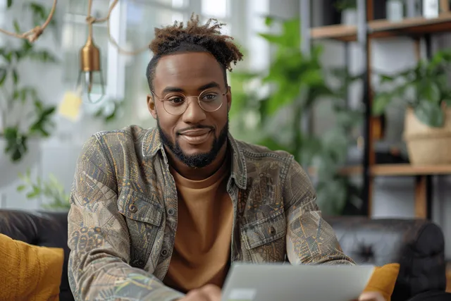 Smiling man in office working on laptop, taking notes, discussing strategy near glass wall