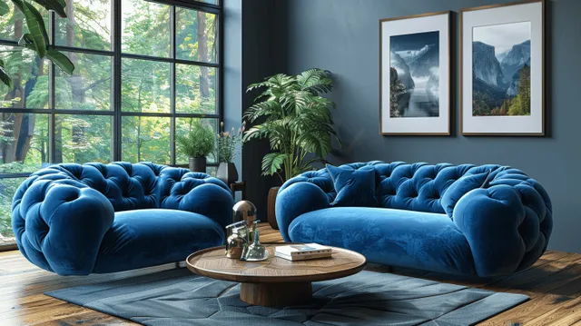 Blue velvet sofa and armchair in a Scandinavian living room beside a large window and wooden coffee table with plants.
