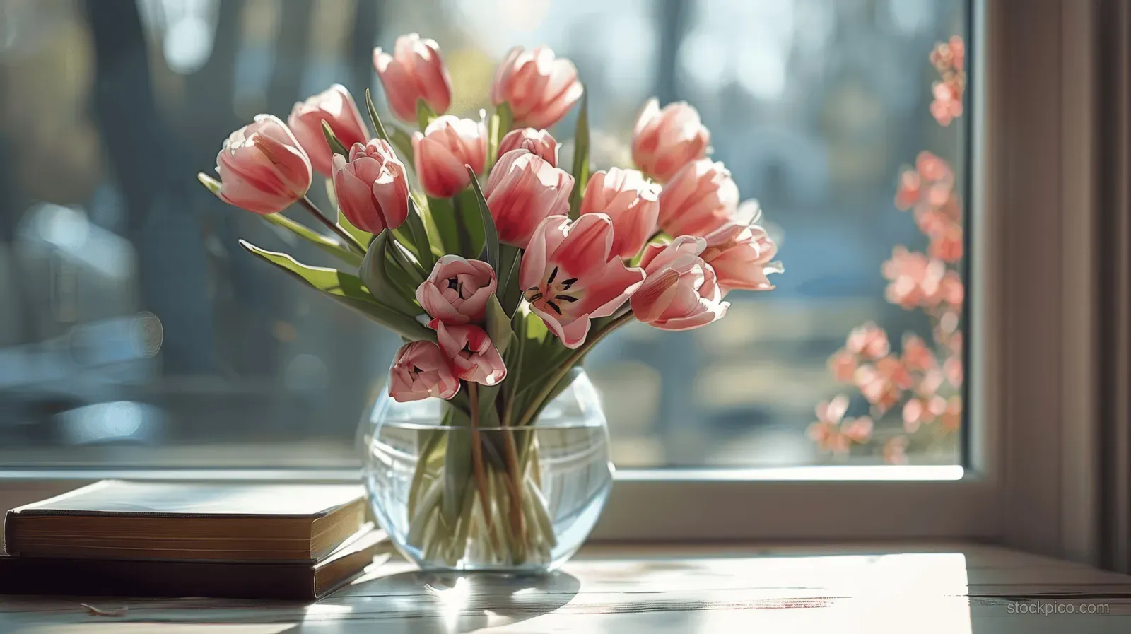 Pink tulip bouquet in a clear glass vase on a window sill beside a closed book in morning sunlight.