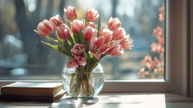 Pink tulip bouquet in a clear glass vase on a window sill beside a closed book in morning sunlight.