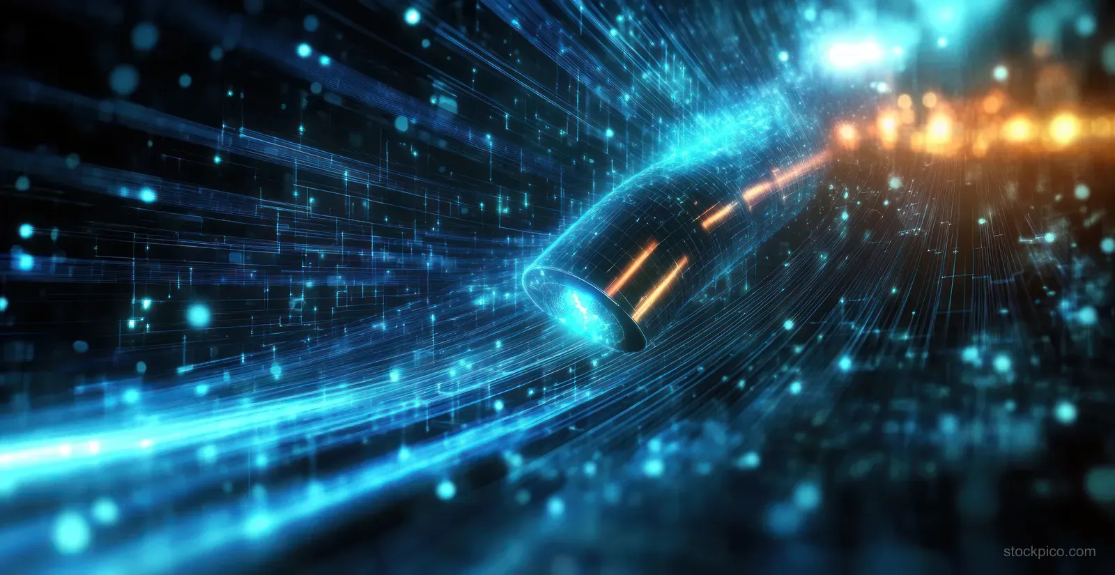 Glowing blue optical fiber lines curve through a dark digital network while bright data particles scatter into the distance.