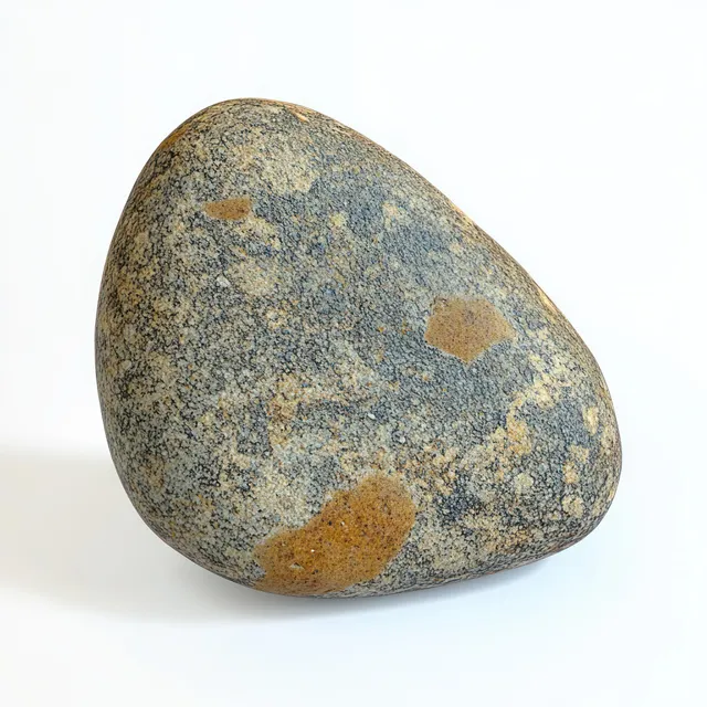 A smooth triangular river rock with mottled gray, tan, and brown patches isolated on a white background.