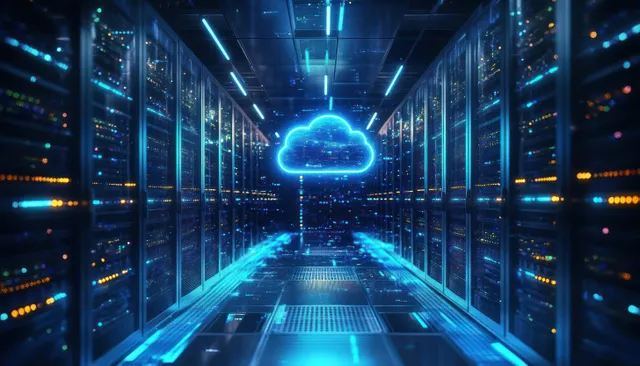 Neon cloud migration data flow through a glowing server aisle with automation