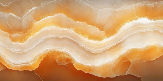 Layered orange and white crystalline stone close-up with wavy stratified bands and textured mineral surface.